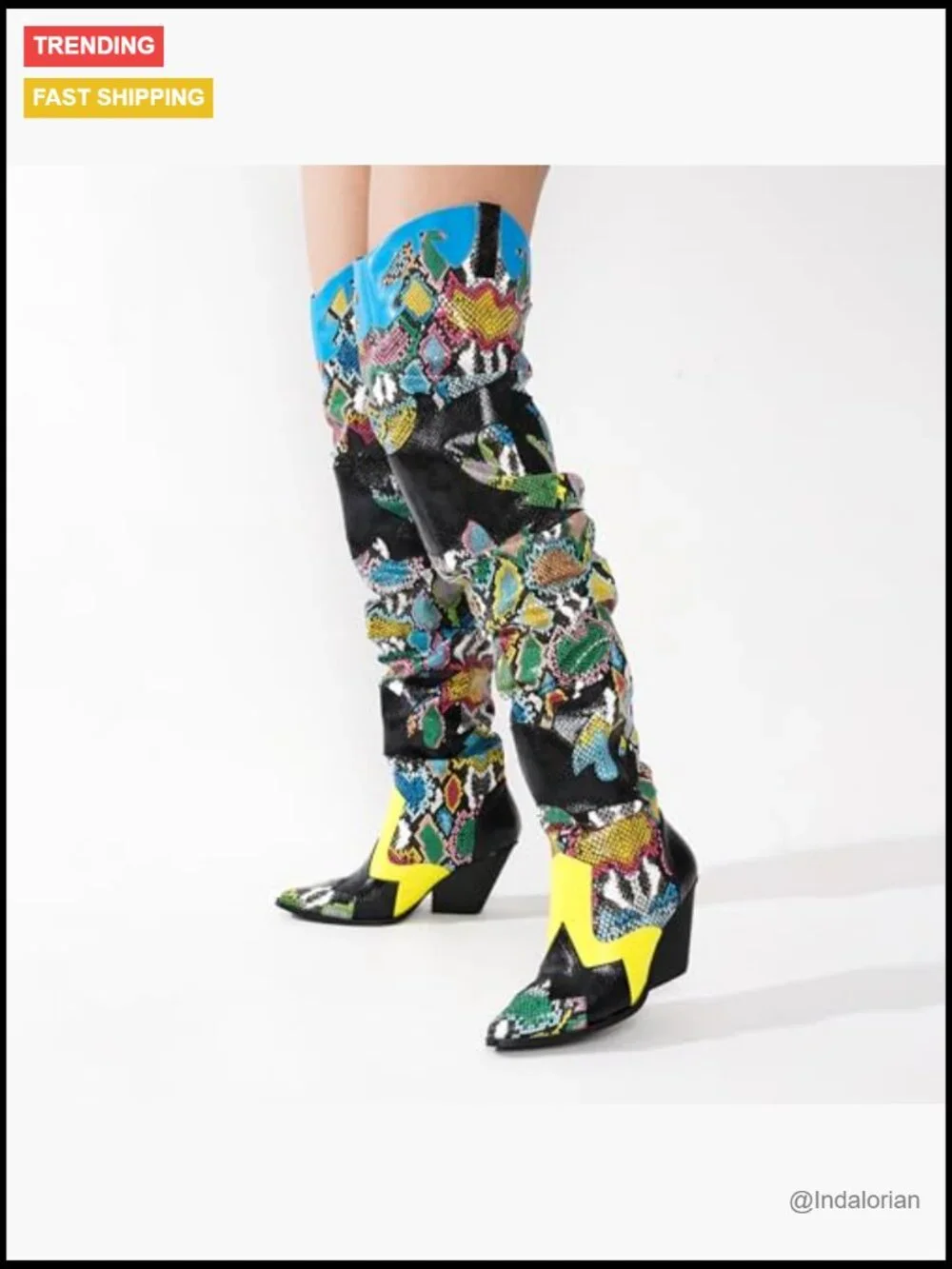 Thigh High Cowboy Boots - Faux Snakeskin Chunky Heel Western Booties